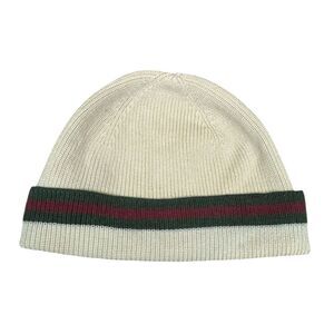 GUCCI Off White Ribbed Knit Wool Silk Blend Beanie Snow Cap Web Sherry Line Ex+